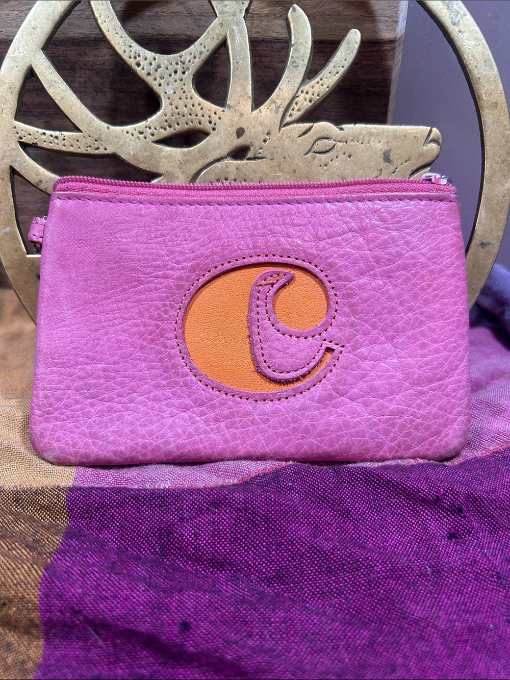 Rolfs Genuine Leather Pink Coin Purse Change Wallet w/ Orange Initial C Monogram